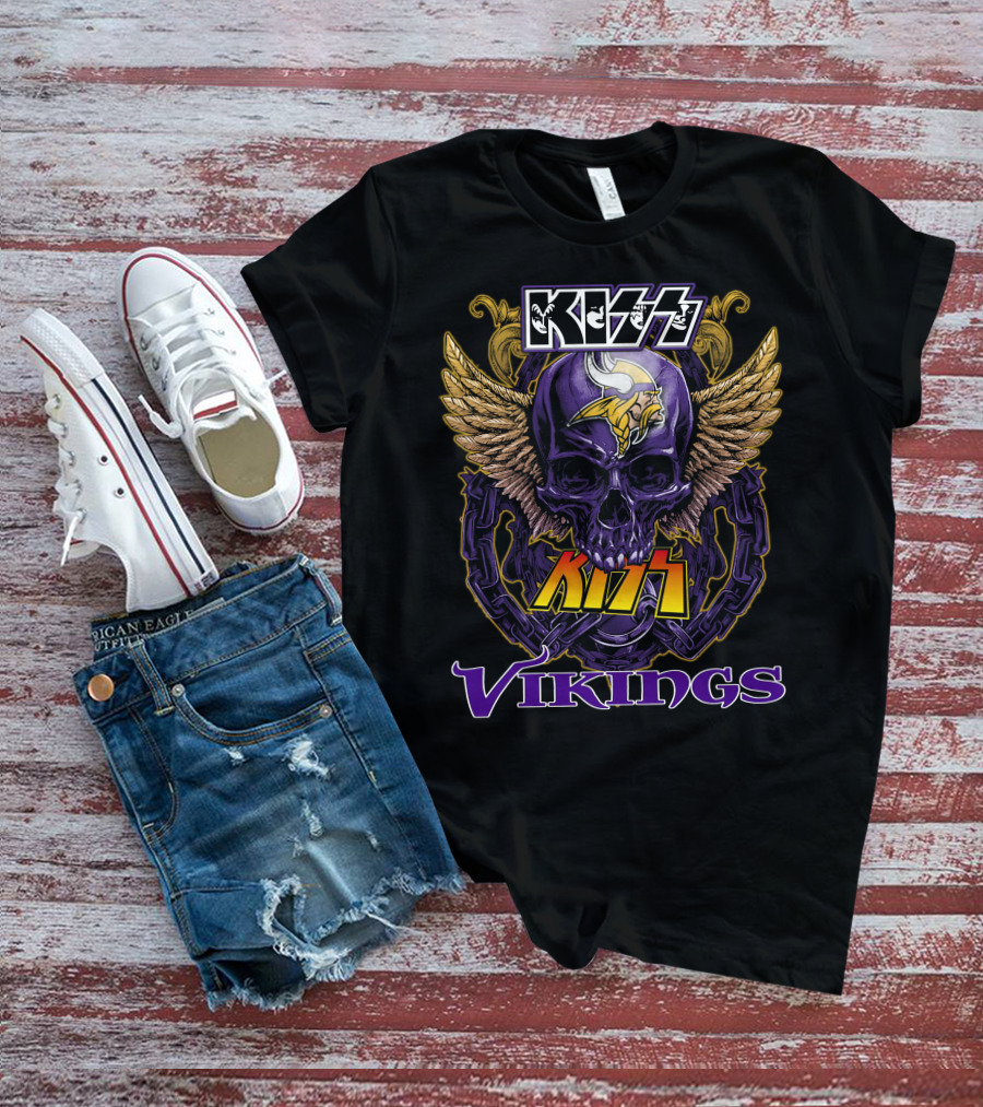 Kiss Vikings Skull With Minnesota Vikings Logo And Wings T-Shirt