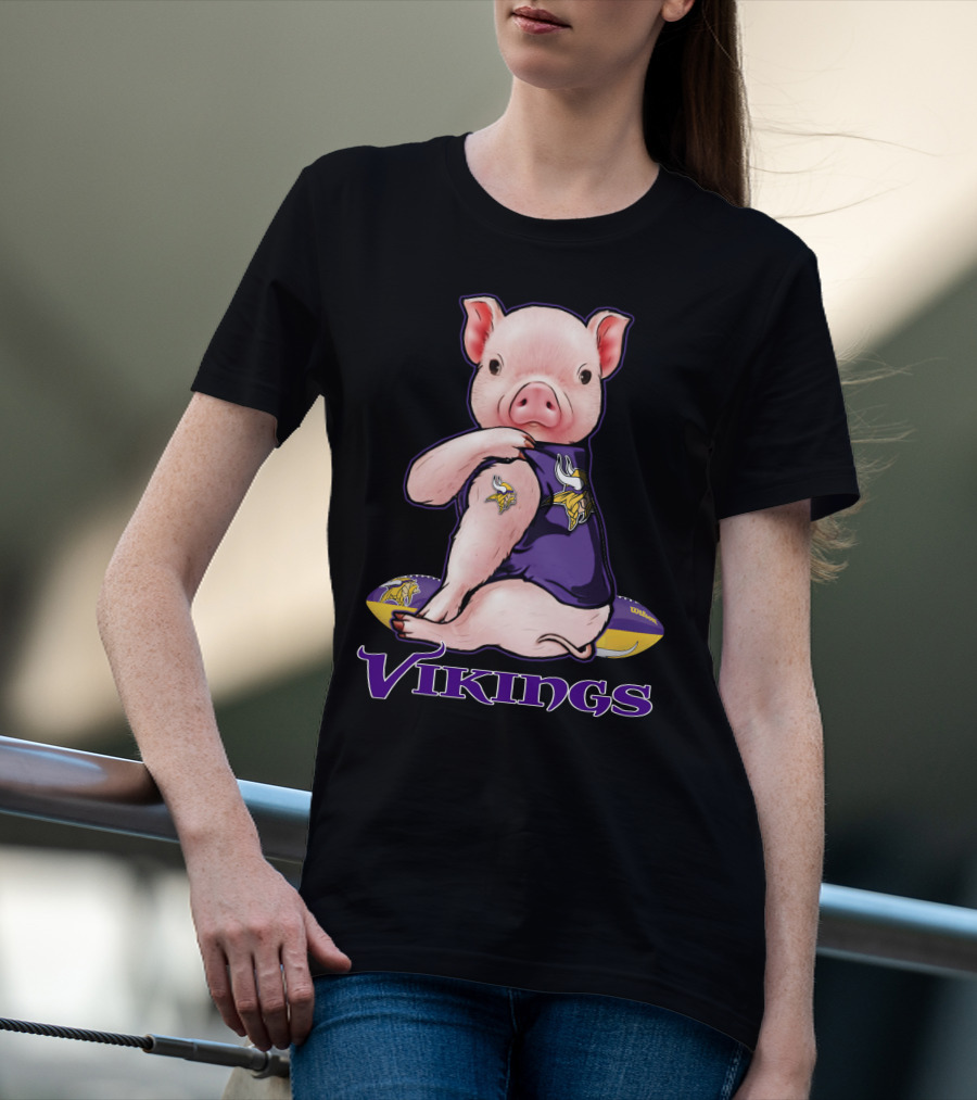 Pig In Minnesota Vikings Jersey With Football T-Shirt