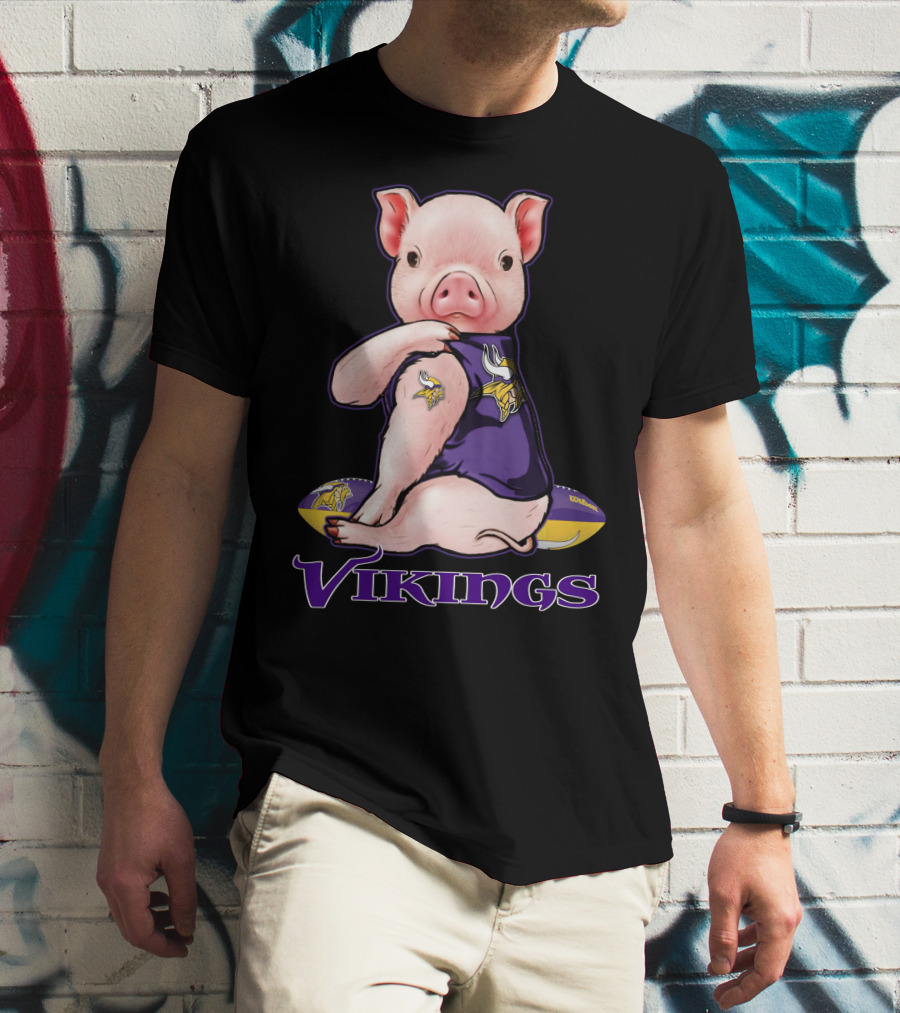 Pig In Minnesota Vikings Jersey With Football T-Shirt