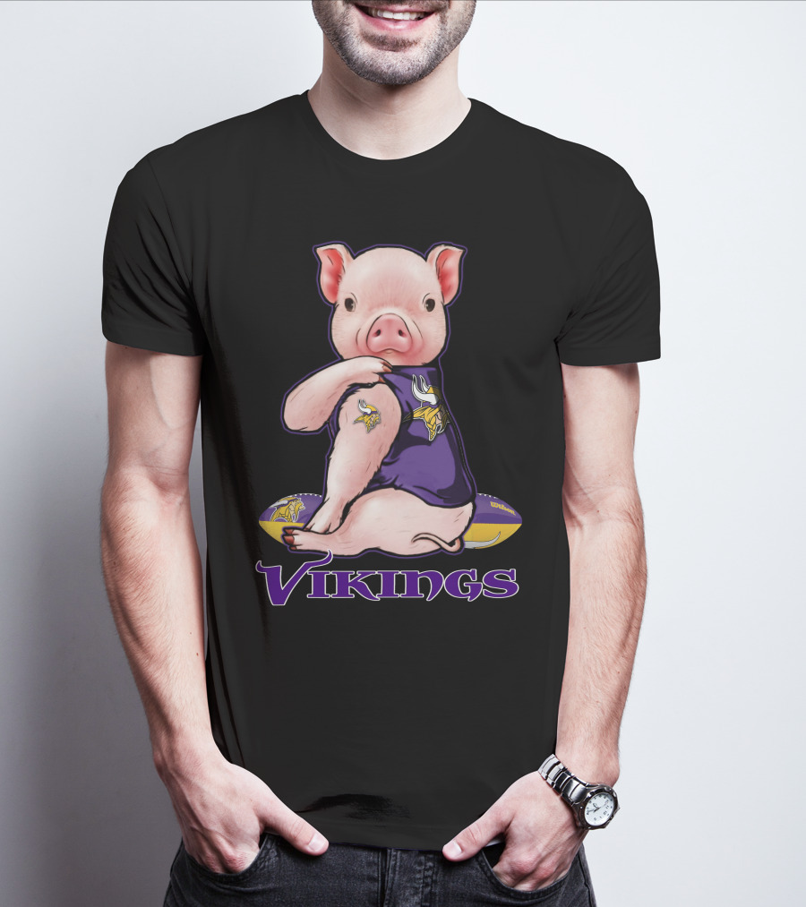 Pig In Minnesota Vikings Jersey With Football T-Shirt