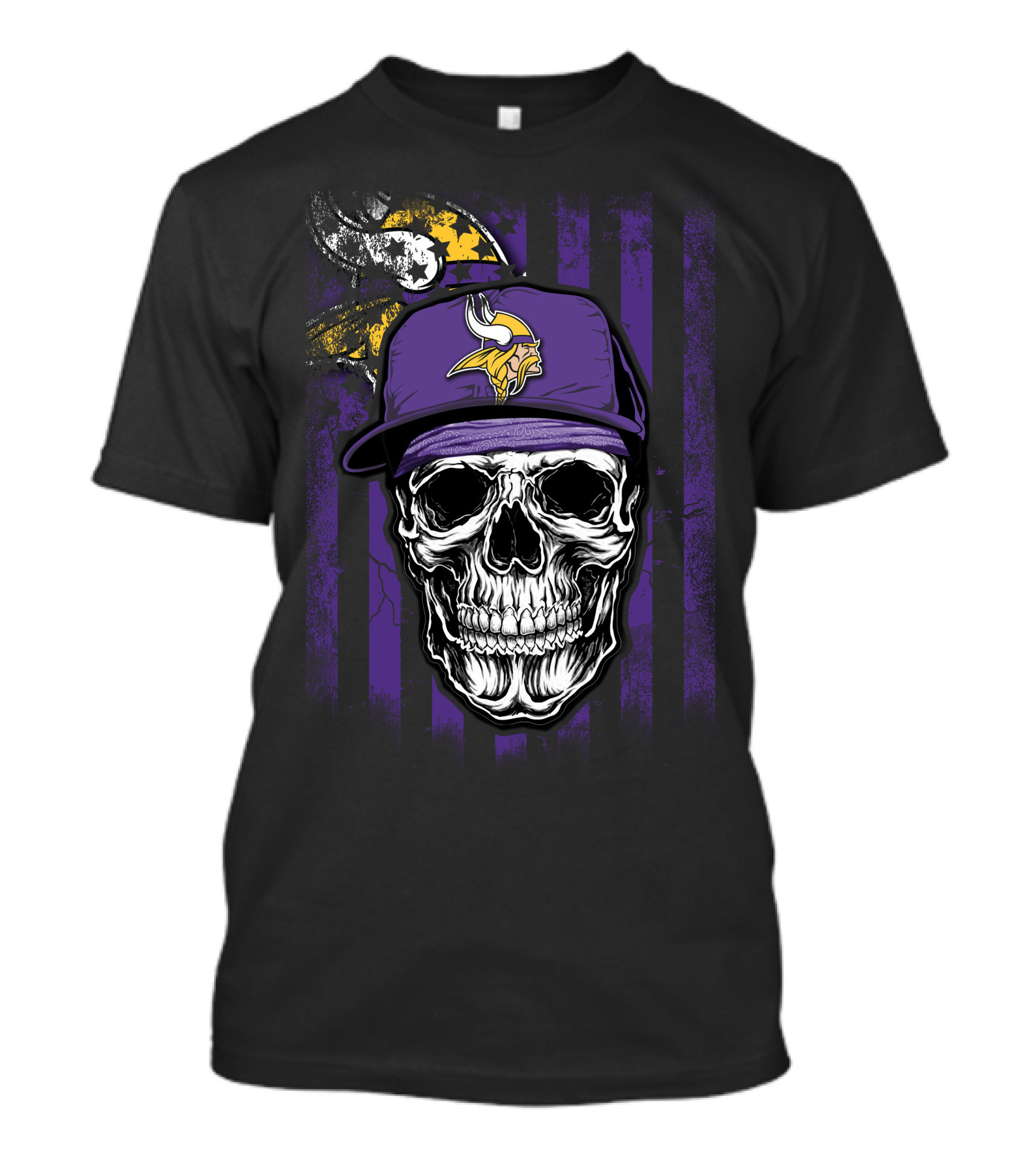 Skull With Minnesota Vikings Hat And Viking Logo On Purple And Black Stripes T-Shirt