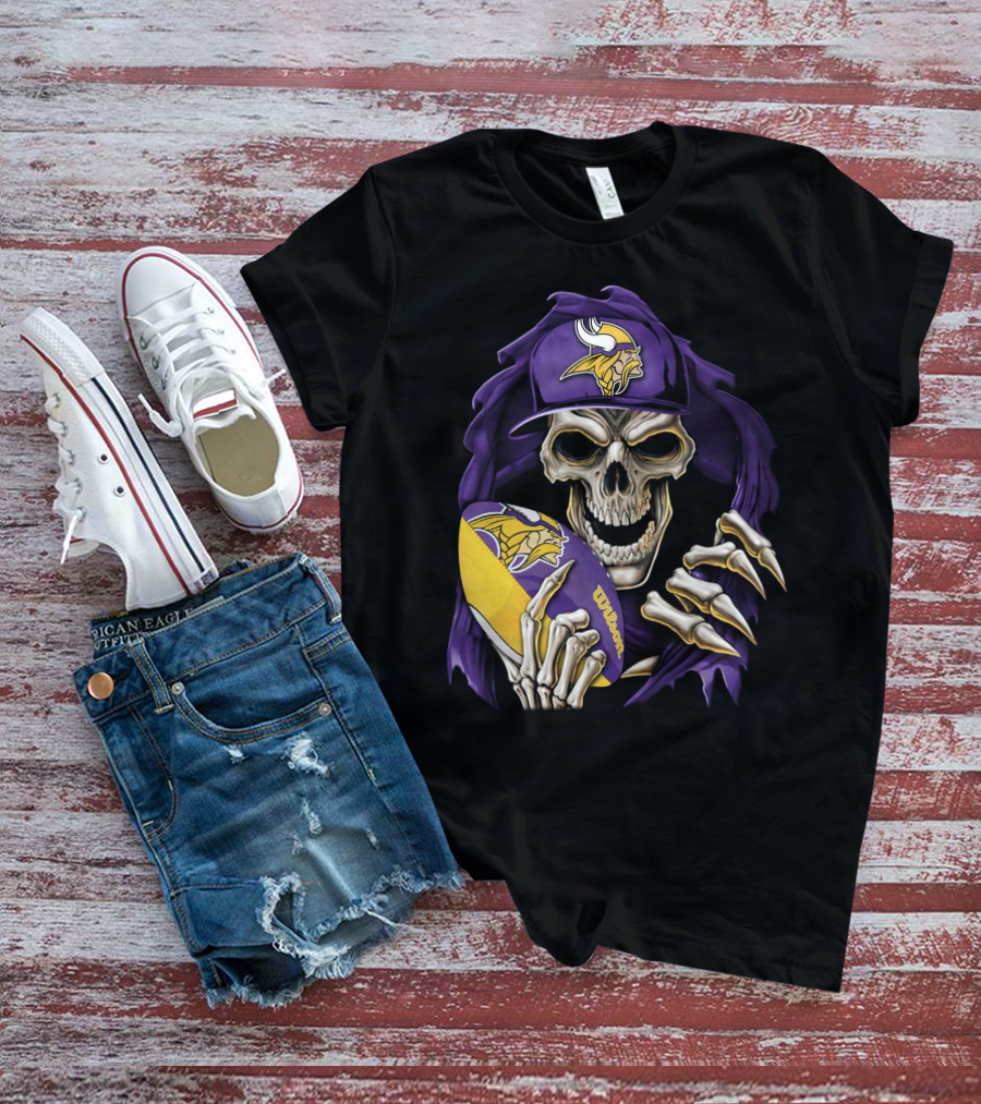 Minnesota Vikings Skull With Football And Cap T-Shirt