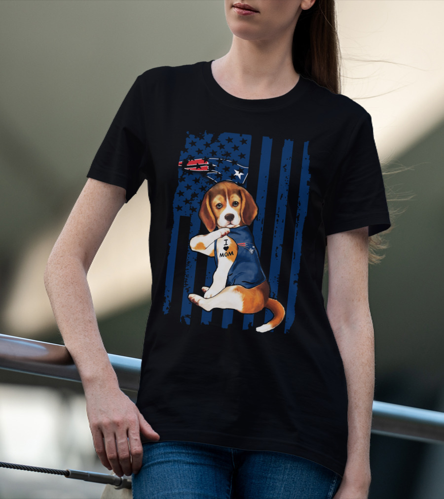 Patriotic Beagle Wearing New England Patriots Jersey I Love Mom T-Shirt