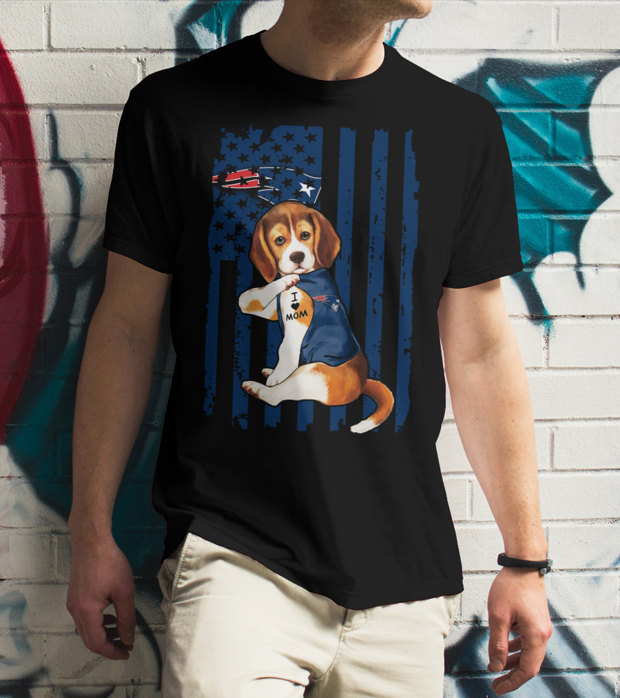 Patriotic Beagle Wearing New England Patriots Jersey I Love Mom T-Shirt
