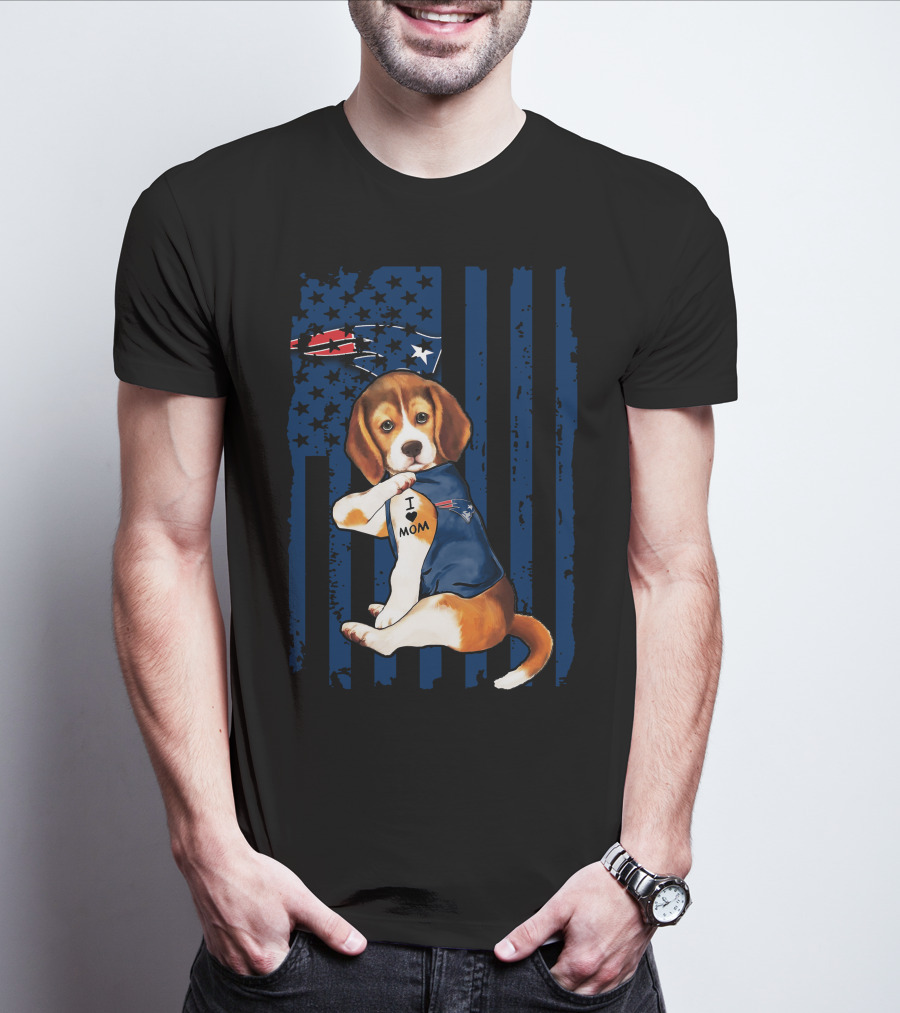 Patriotic Beagle Wearing New England Patriots Jersey I Love Mom T-Shirt