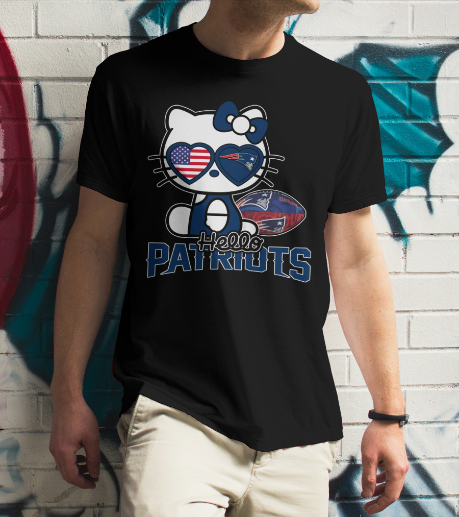 Hello Kitty New England Patriots Football Fan Icon With American Flag Sunglasses T-Shirt