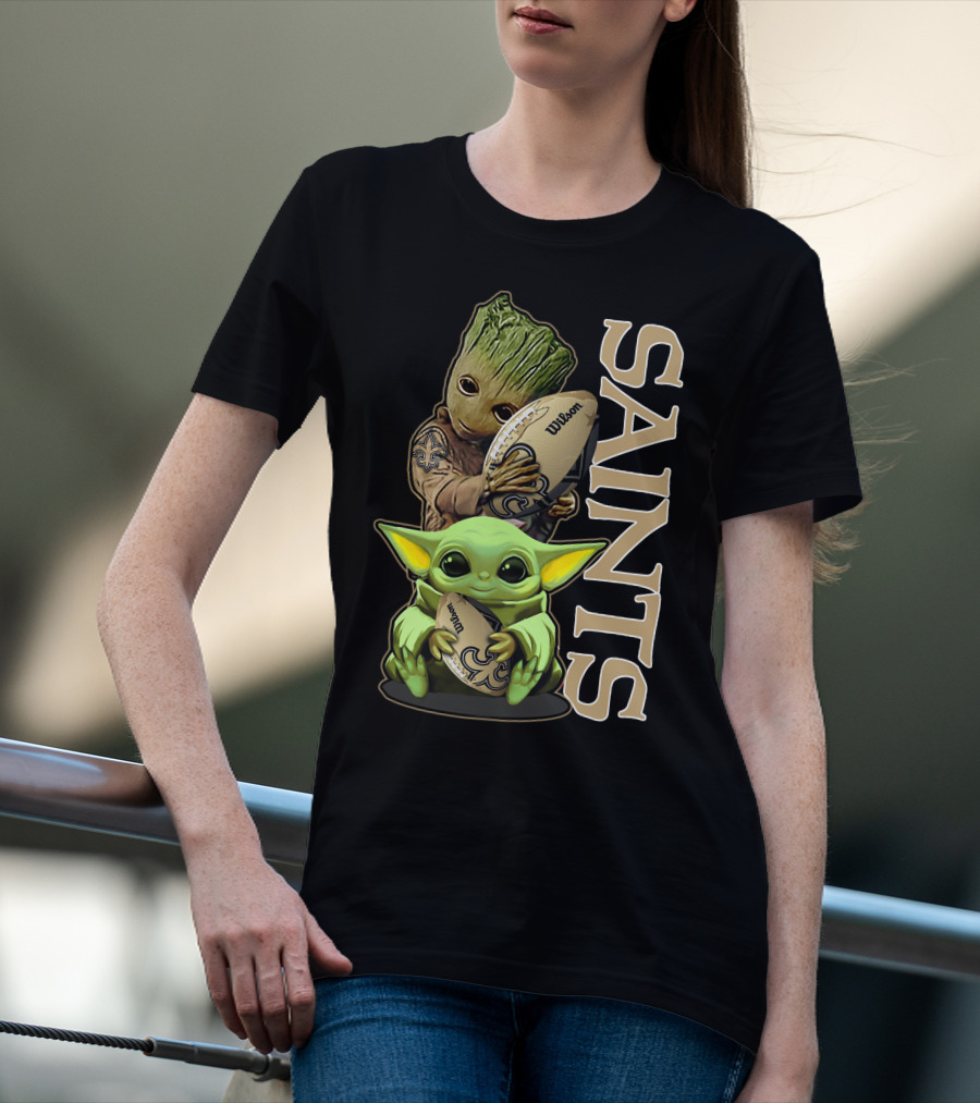 Grzd New Orleans Saints Groot And Baby Yoda Football T-Shirt