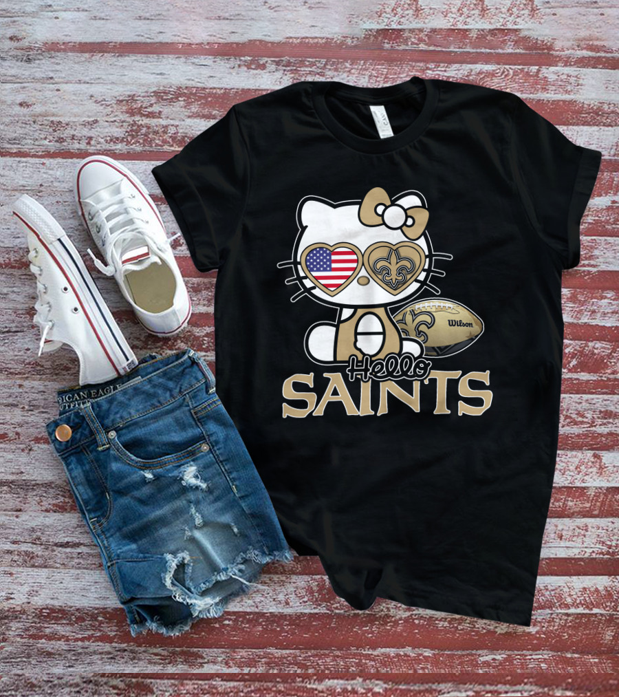 Hello Kitty American Flag Saints Football Wilson T-Shirt