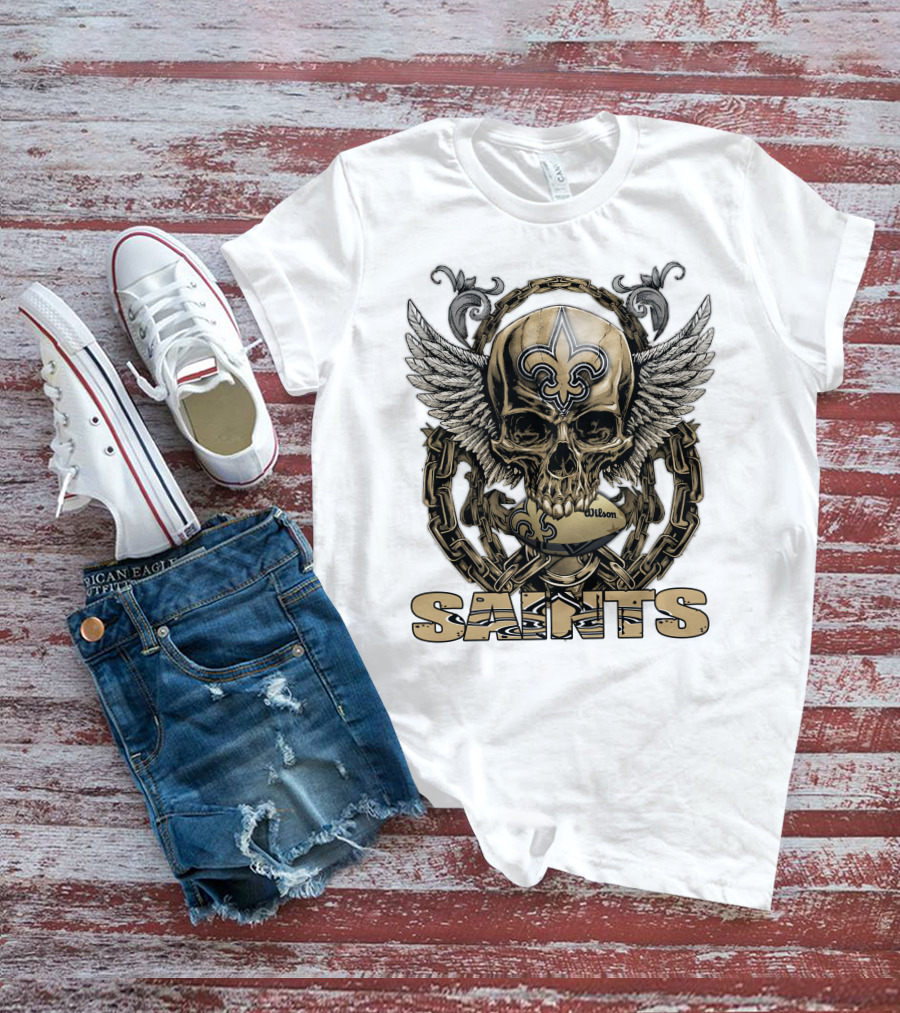 Saints Skullfb Winged Skull With Fleur-de-lis And Chains T-Shirt
