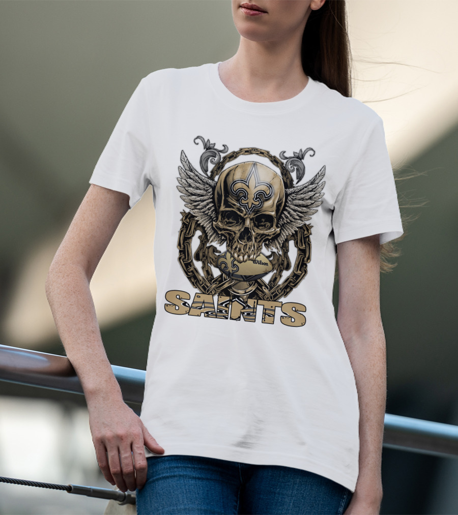 Saints Skullfb Winged Skull With Fleur-de-lis And Chains T-Shirt