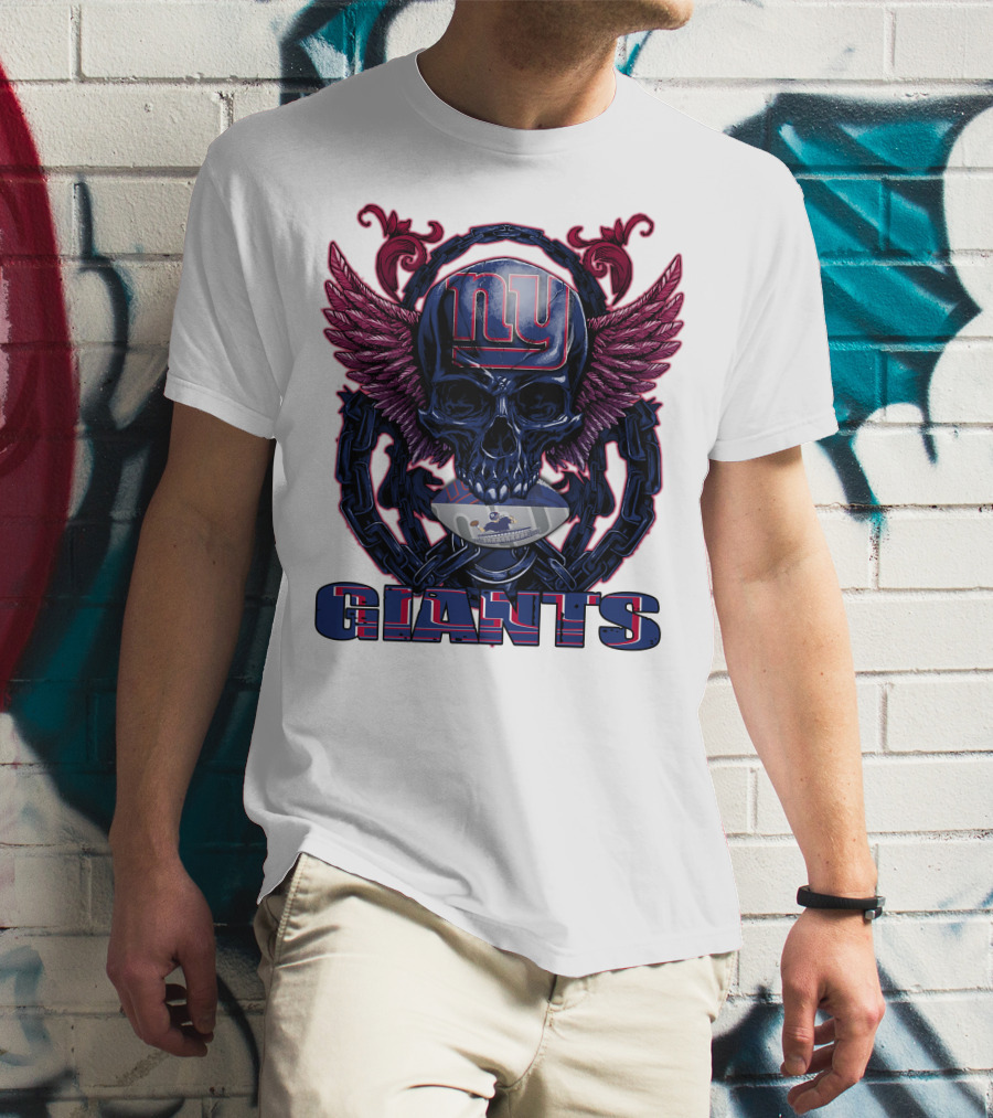 Skullfb New York Giants Winged Skull Design With Football Helmet And Chains T-Shirt