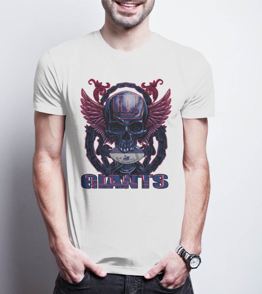 Skullfb New York Giants Winged Skull Design With Football Helmet And Chains T-Shirt