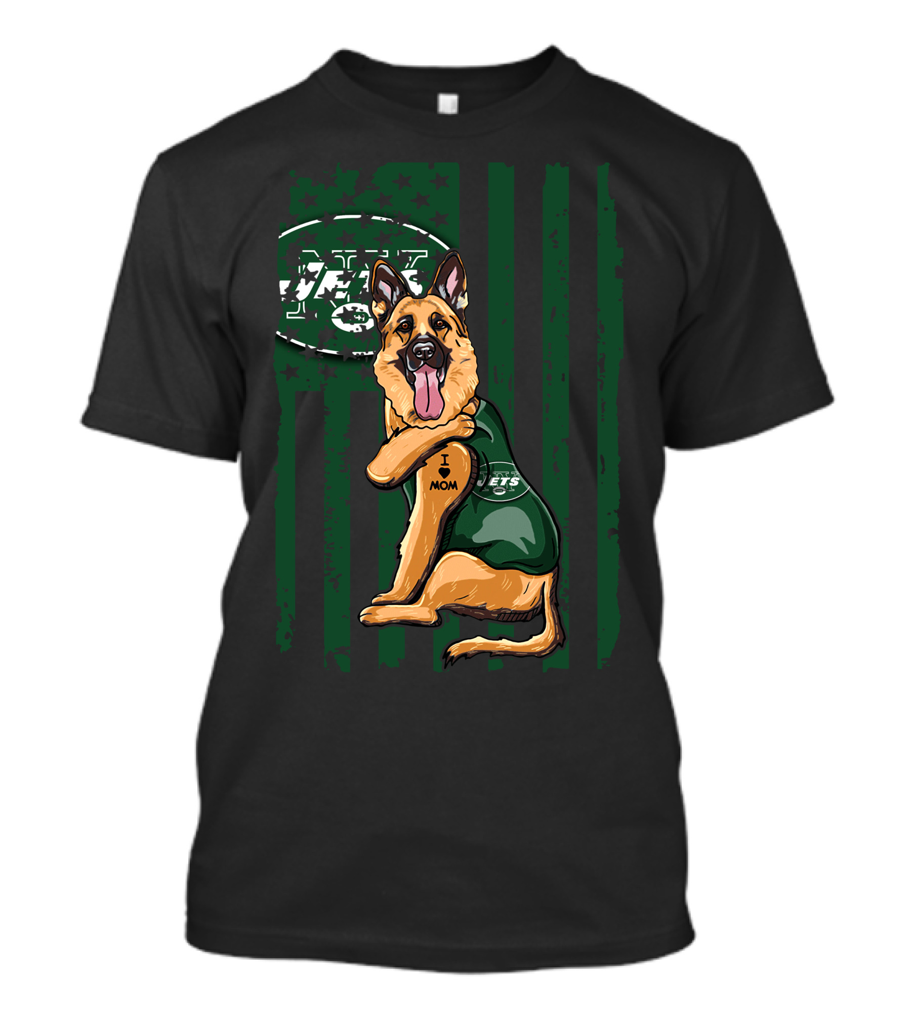 German Shepherd I Love Mom New York Jets Fan USA Flag T-Shirt
