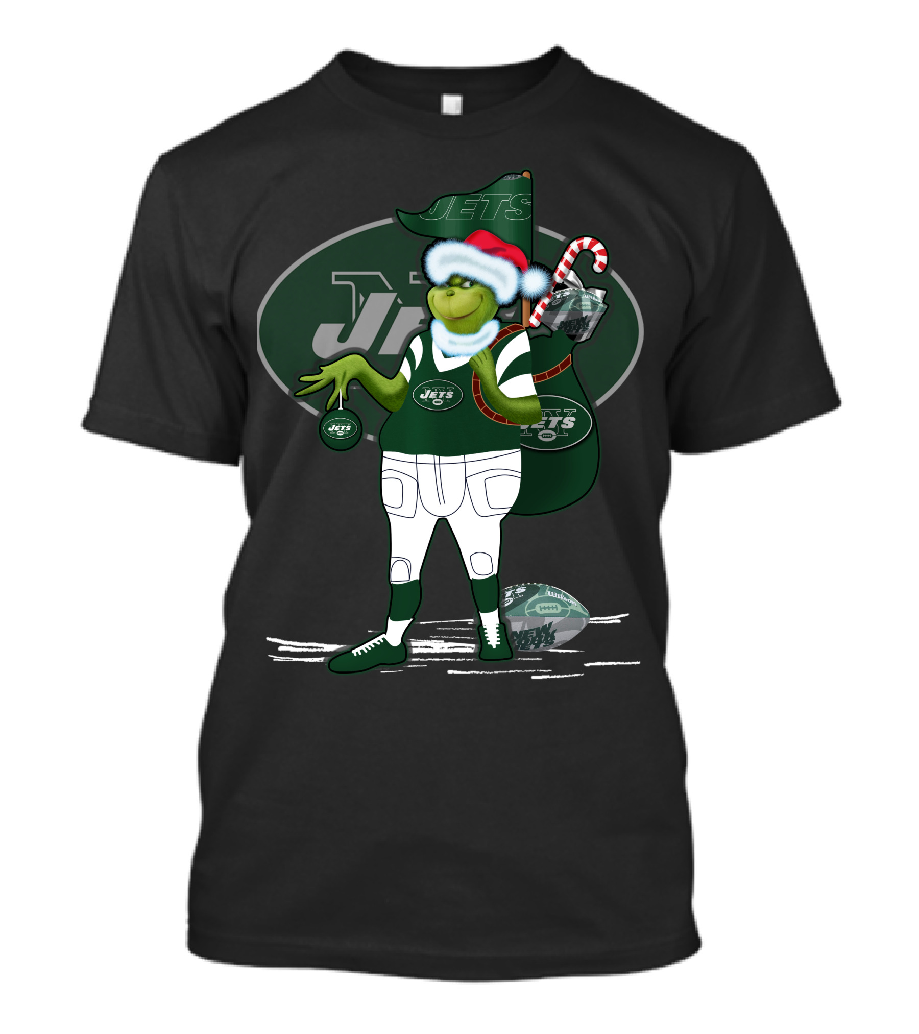 Grinch Christmas New York Jets Football Santa Hat And Sack With Candy Cane T-Shirt
