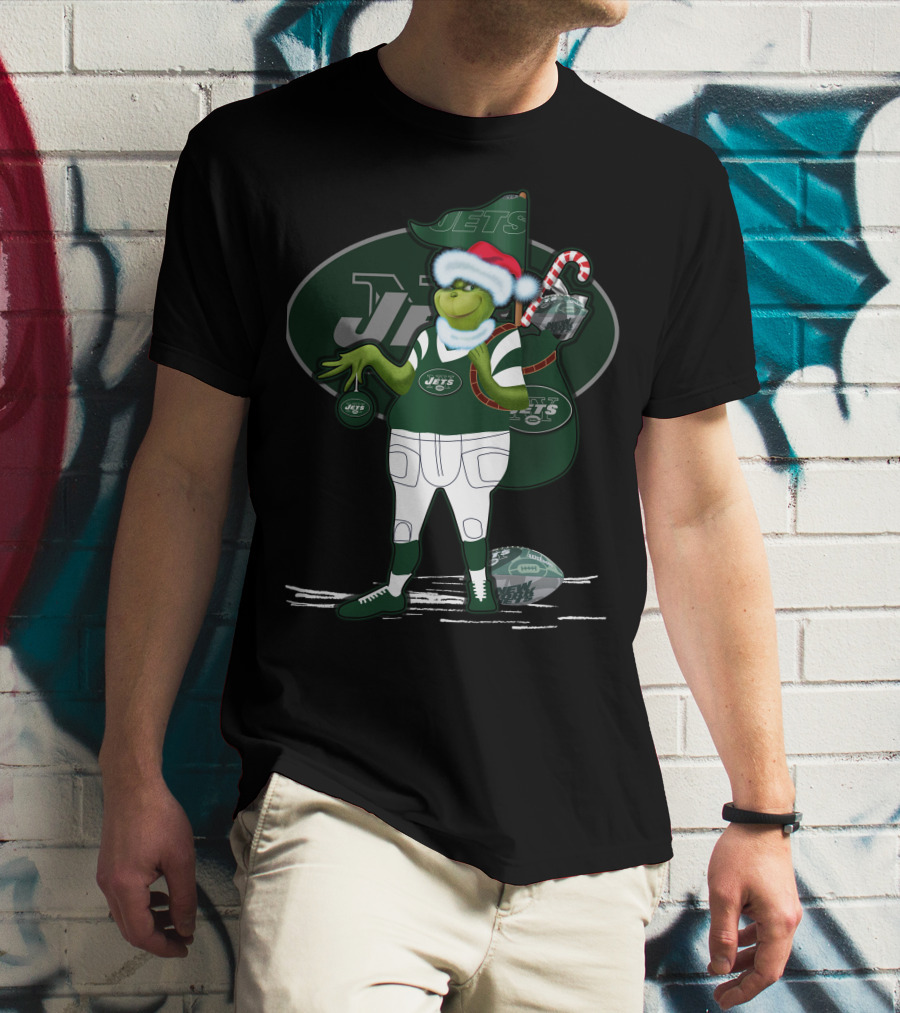 Grinch Christmas New York Jets Football Santa Hat And Sack With Candy Cane T-Shirt