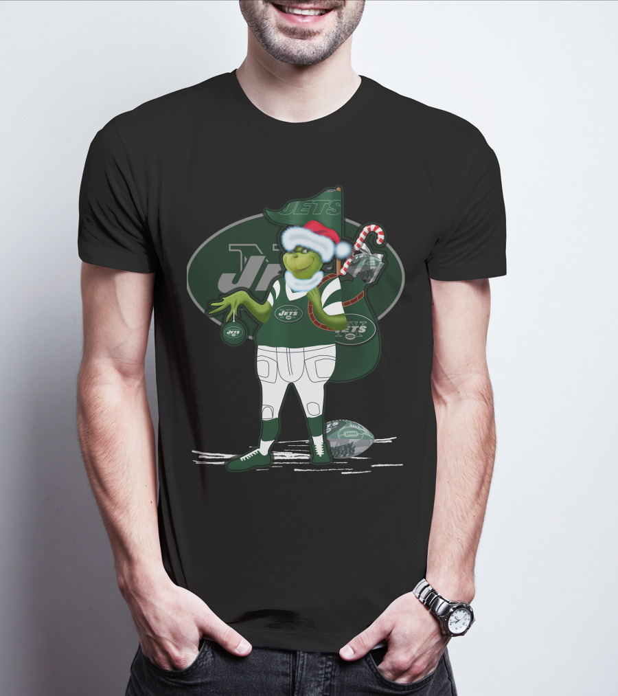 Grinch Christmas New York Jets Football Santa Hat And Sack With Candy Cane T-Shirt