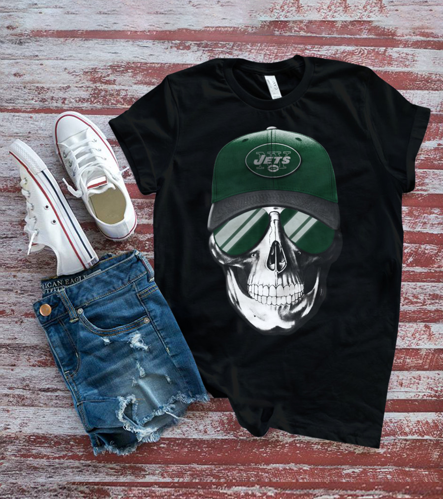 Skull V7 New York Jets Hat And Sunglasses T-Shirt