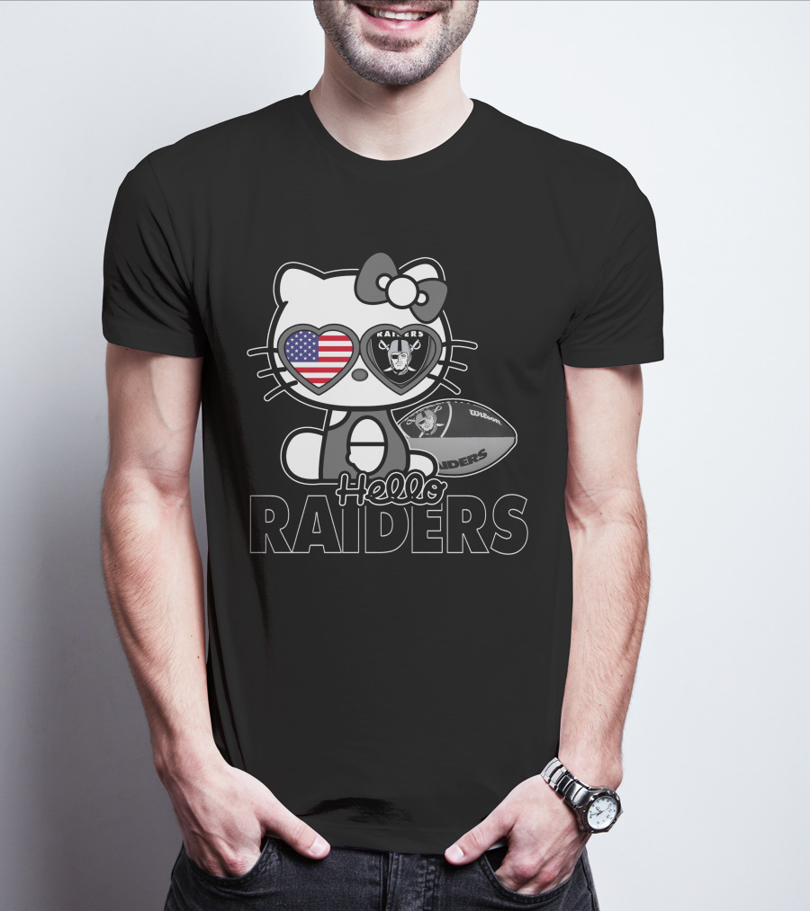 Hello Kitty Raiders American Flag Heart Glasses And Football T-Shirt