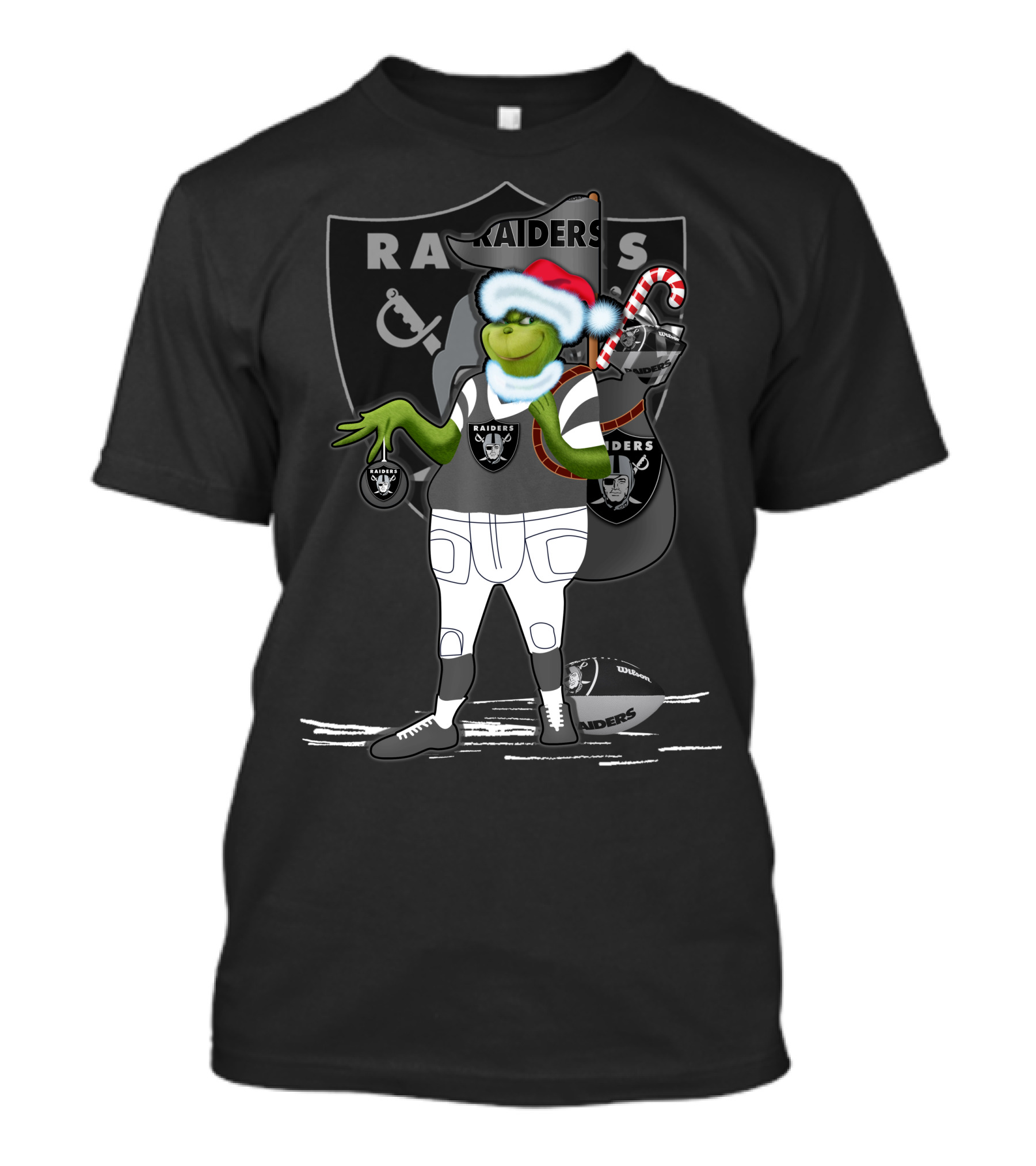 Grinchxmas Raiders Santa Hat Candy Cane Football T-Shirt