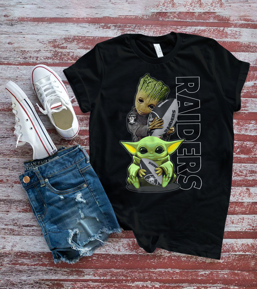 Grzd Oakland Raiders Groot Baby Yoda Football T-Shirt