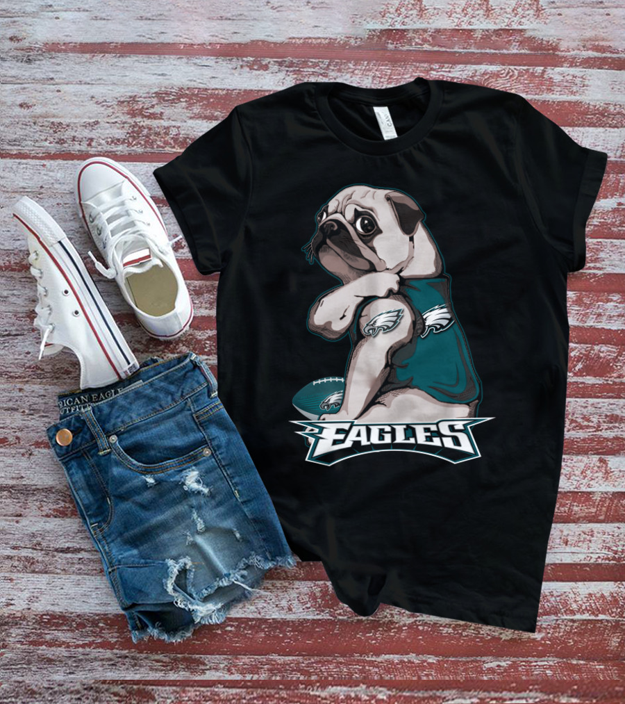 Pug Wearing Eagles Jersey With Football And Eagles Text T-Shirt