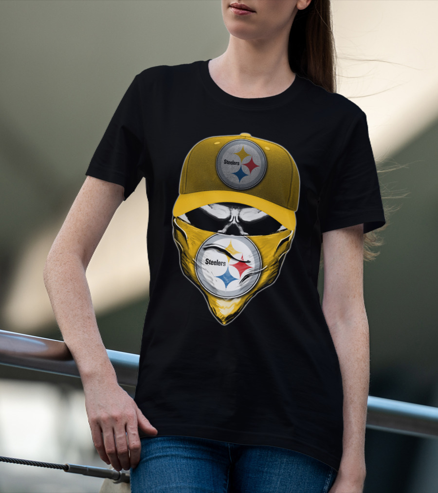 Skull V6 Pittsburgh Steelers Logo With Hat And Bandana T-Shirt