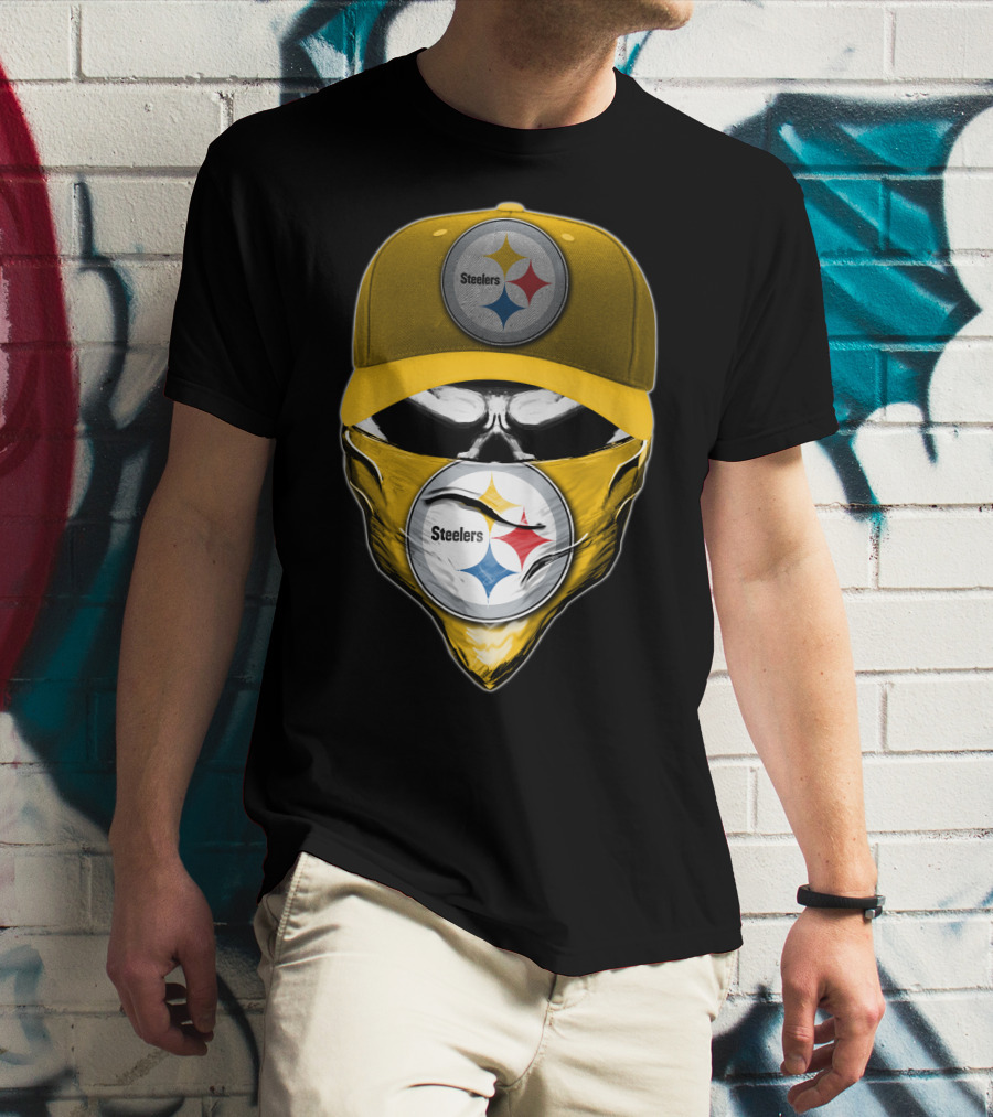 Skull V6 Pittsburgh Steelers Logo With Hat And Bandana T-Shirt