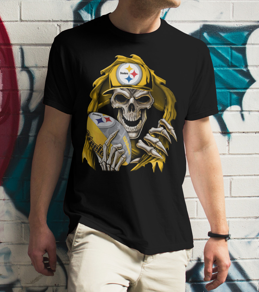 Skullbong Steelers Skeleton With Football And Cap T-Shirt