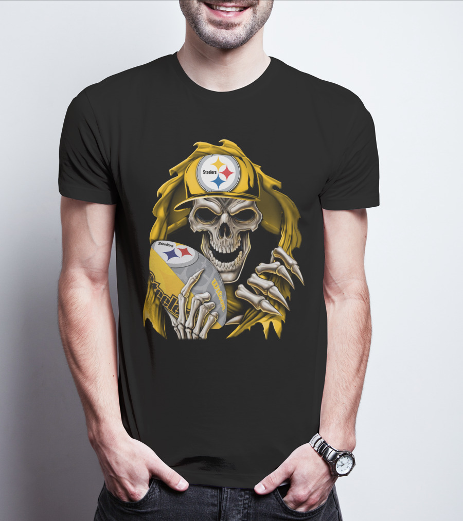 Skullbong Steelers Skeleton With Football And Cap T-Shirt