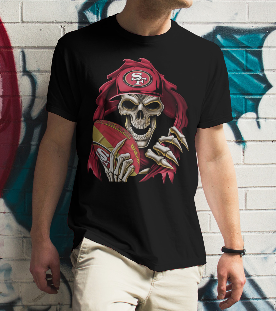 San Francisco 49ers Skull Holding Football With SF Cap T-Shirt