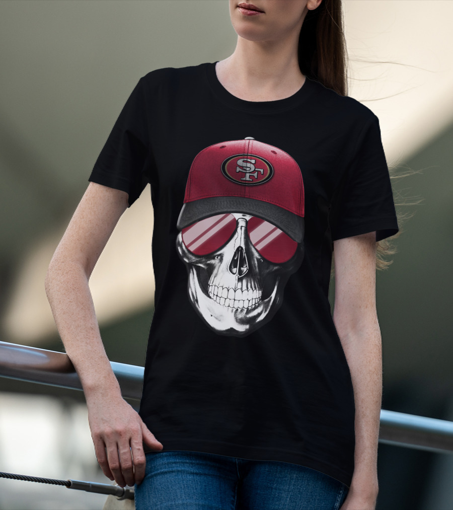 Skull V7 San Francisco 49ers SF Logo Hat And Sunglasses T-Shirt