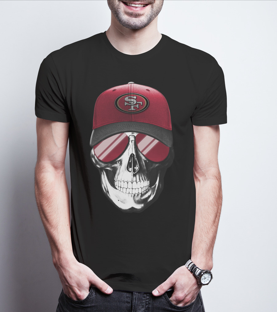 Skull V7 San Francisco 49ers SF Logo Hat And Sunglasses T-Shirt