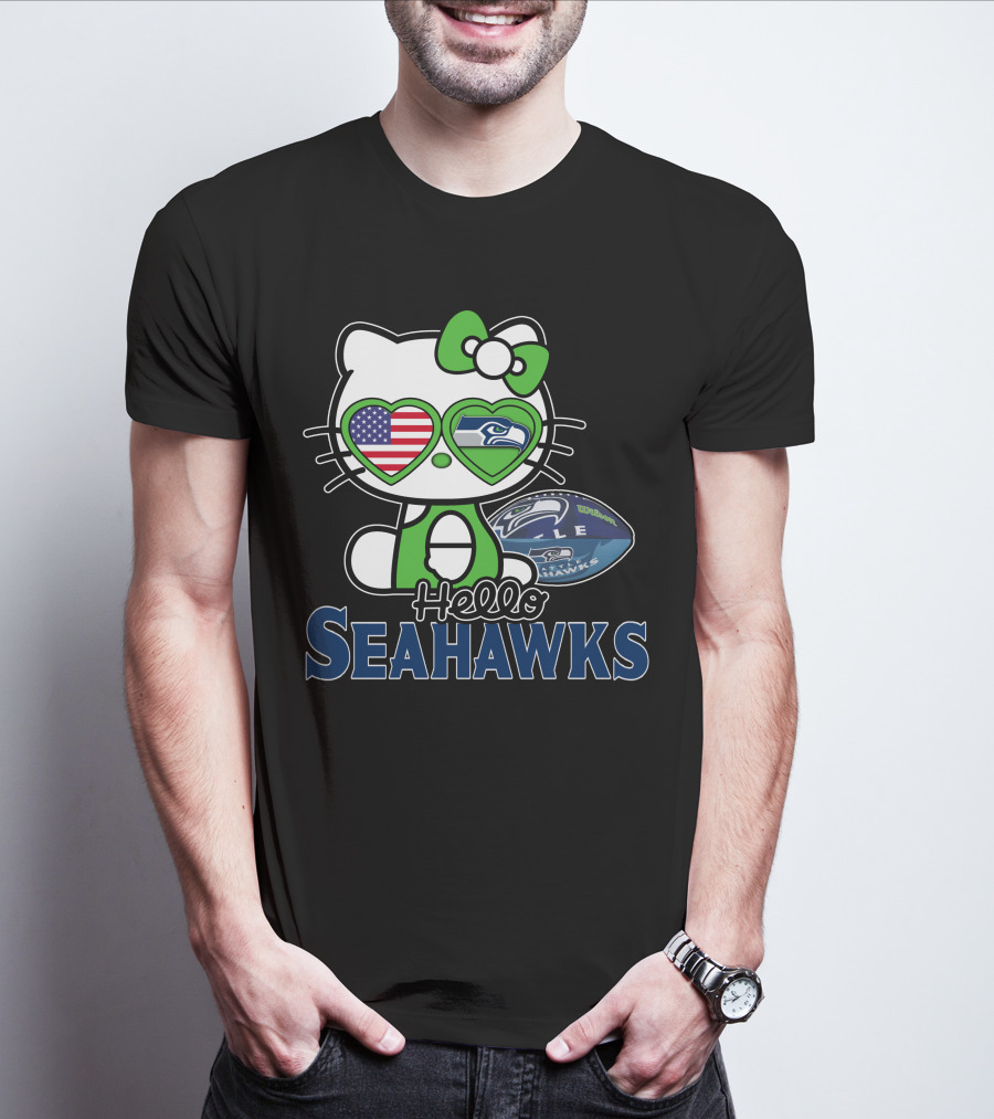 Hello Kitty Seahawks Football Fan USA Heart Glasses T-Shirt