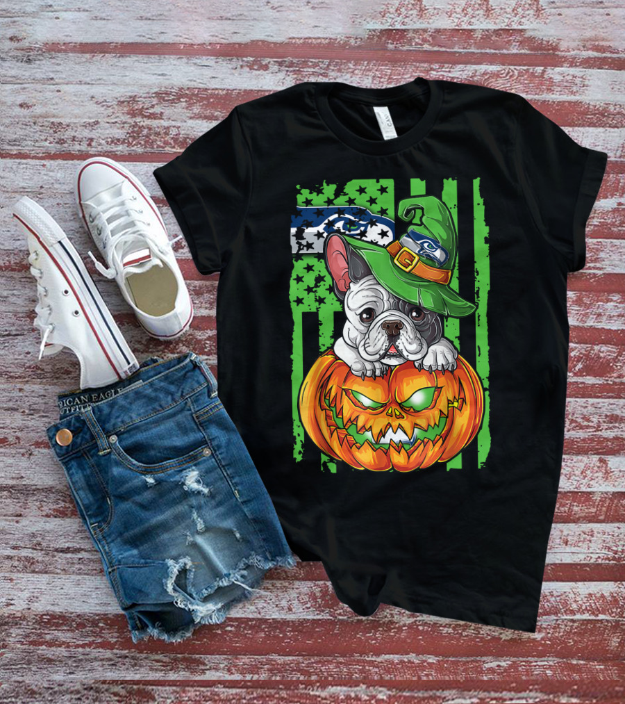 Hlw Bulldog Seattle Seahawks Halloween Pumpkin Wizard Hat T-Shirt
