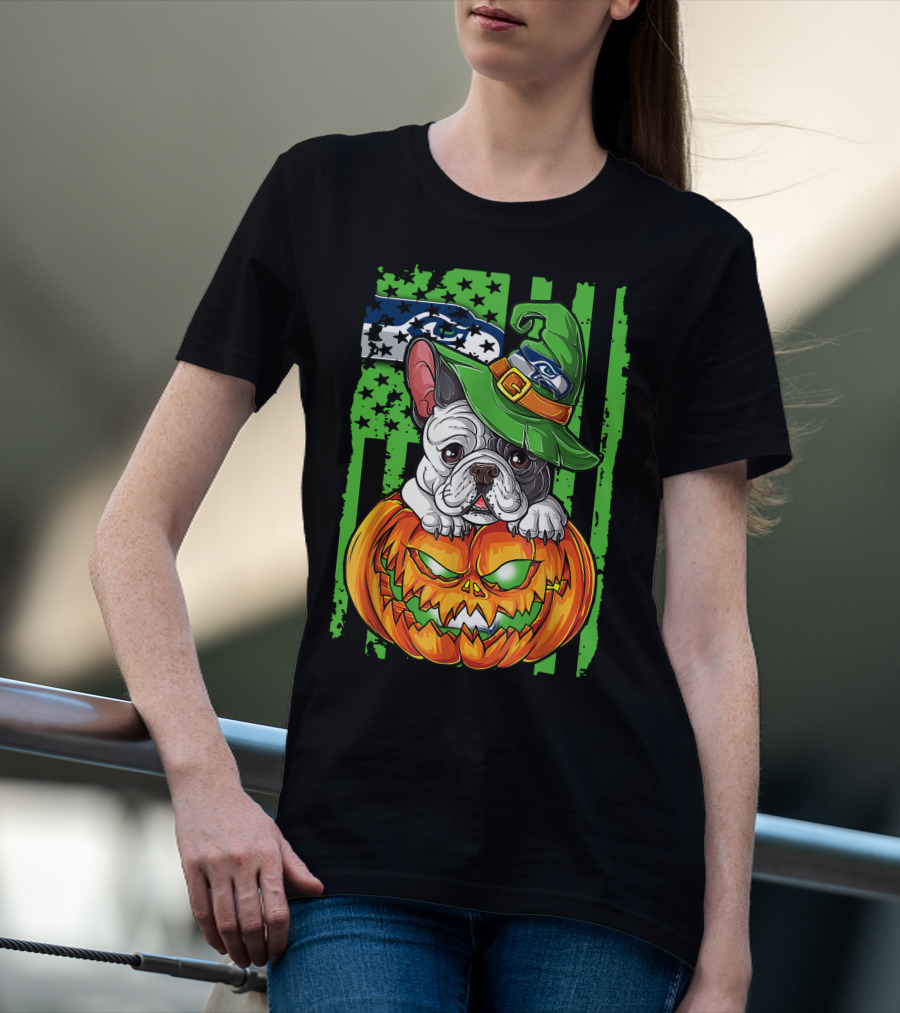 Hlw Bulldog Seattle Seahawks Halloween Pumpkin Wizard Hat T-Shirt