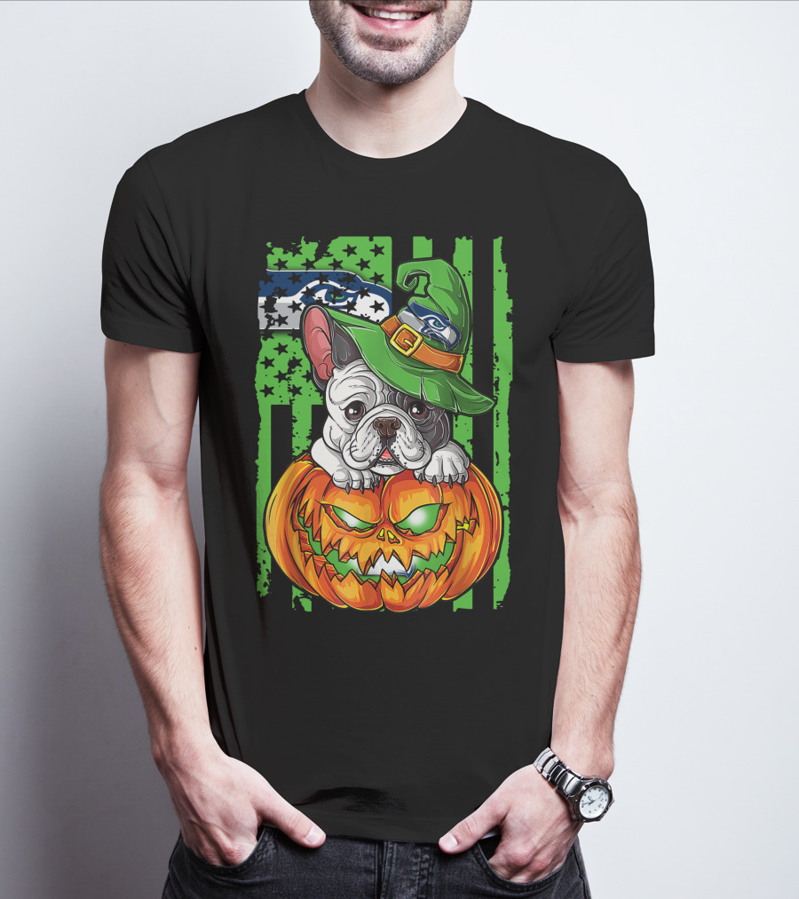 Hlw Bulldog Seattle Seahawks Halloween Pumpkin Wizard Hat T-Shirt