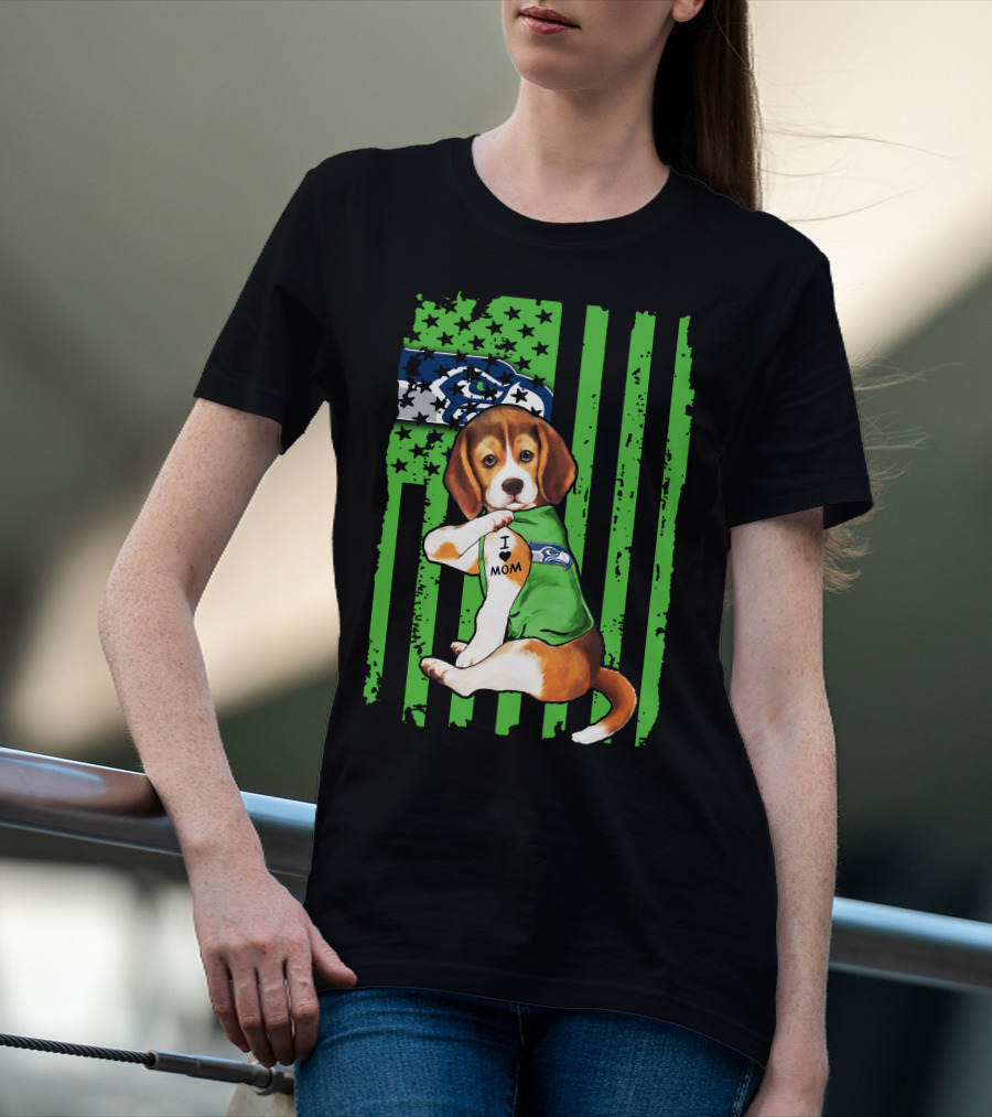 Seattle Seahawks Beagle With I Love Mom Tattoo T-Shirt