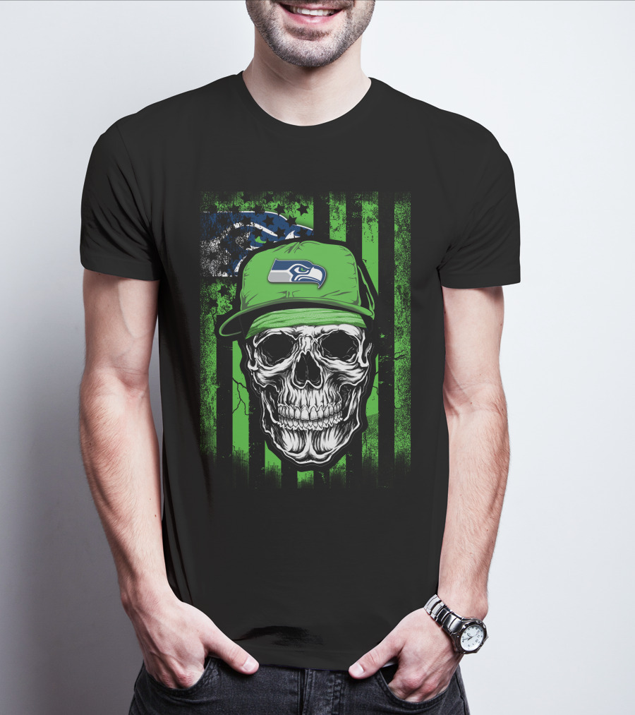 Skull In Seattle Seahawks Cap With Green Stripes And Team T-Shirt