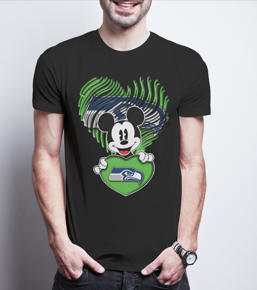 Mickey Mouse Heart Green With Seattle Seahawks T-Shirt