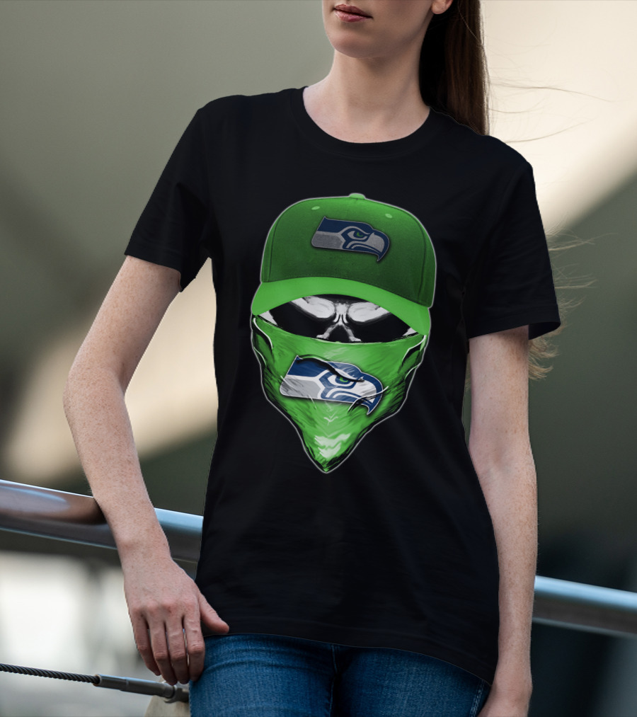 Skull V6 Seattle Seahawks Logo On Green Cap And Bandana T-Shirt
