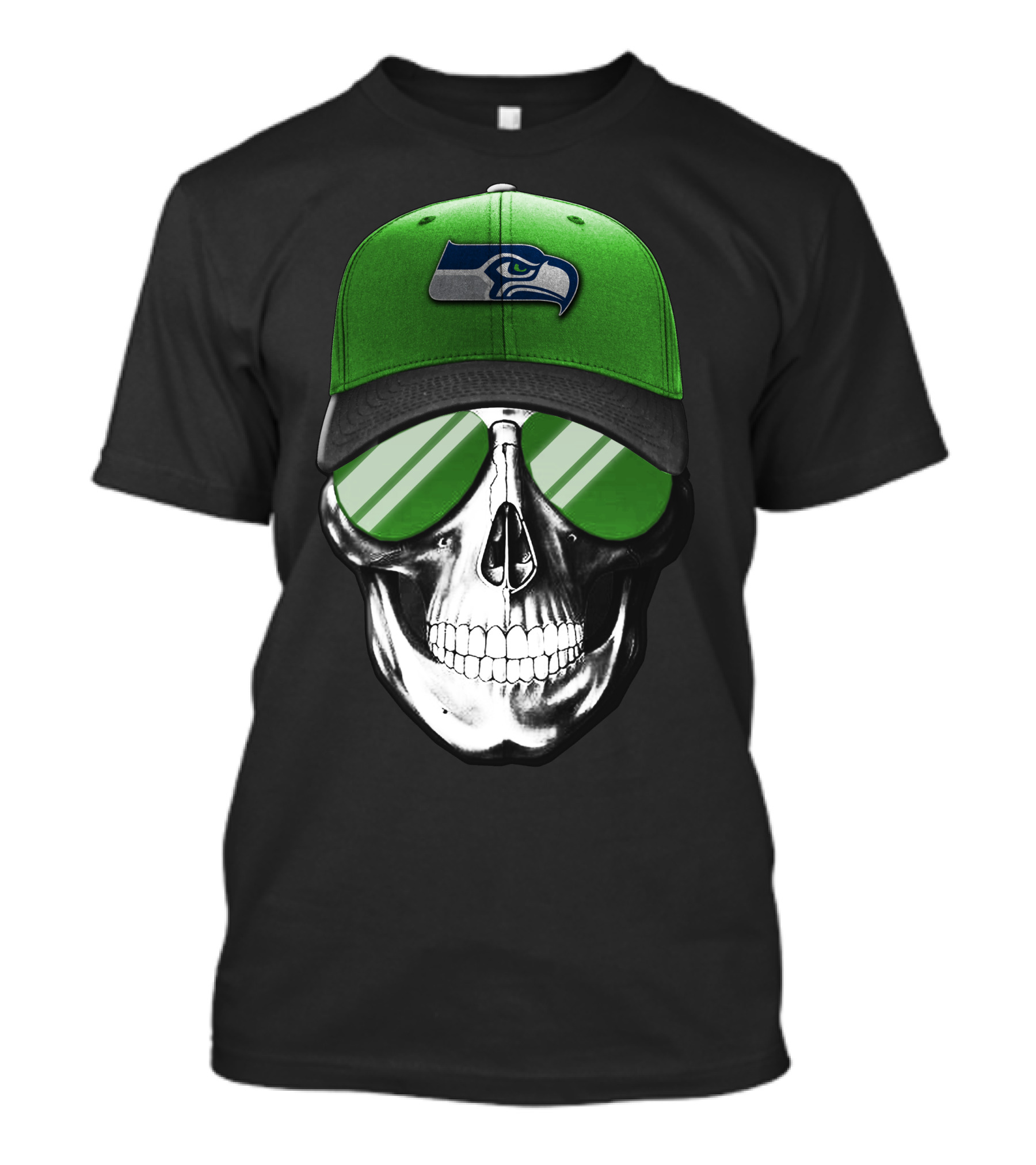 Skull V7 Seattle Seahawks Green Hat And Sunglasses T-Shirt