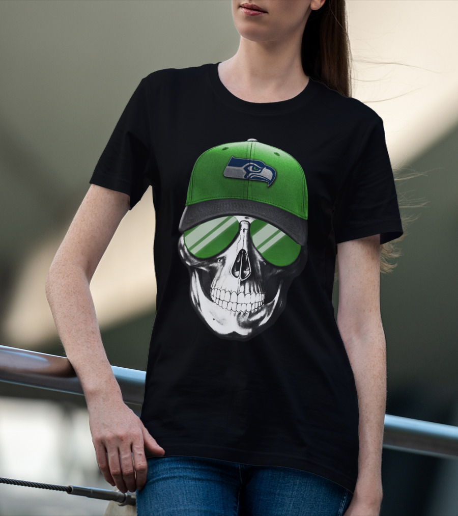 Skull V7 Seattle Seahawks Green Hat And Sunglasses T-Shirt