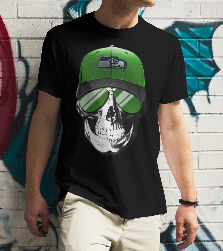 Skull V7 Seattle Seahawks Green Hat And Sunglasses T-Shirt