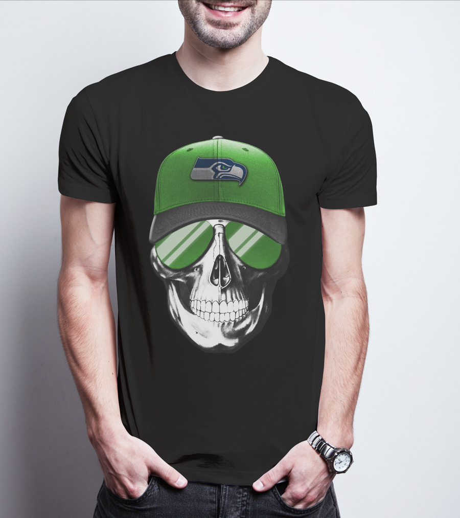 Skull V7 Seattle Seahawks Green Hat And Sunglasses T-Shirt