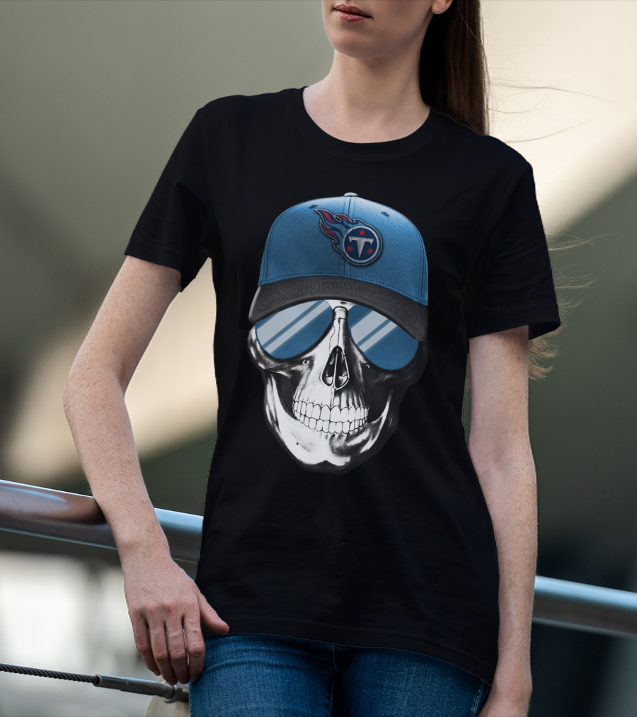 Skull With Tennessee Titans Logo Blue Cap And Sunglasses T-Shirt