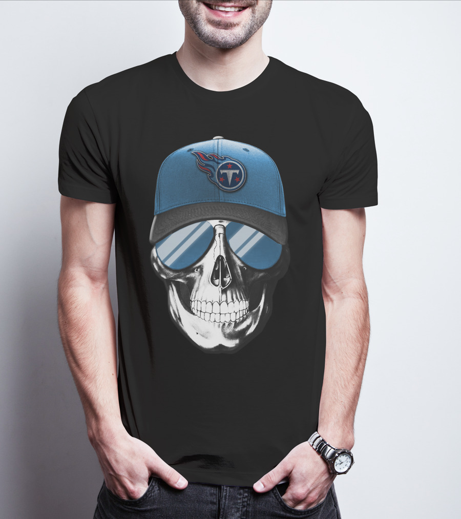 Skull With Tennessee Titans Logo Blue Cap And Sunglasses T-Shirt