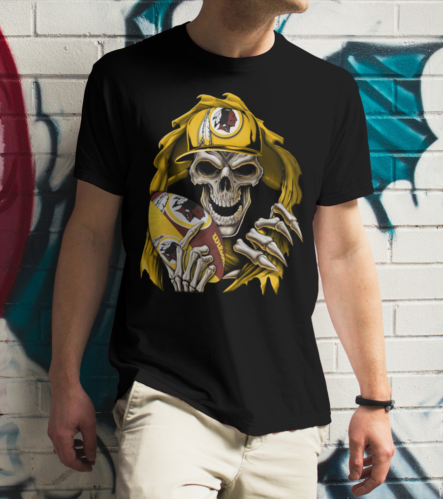 Skullbong Washington Redskins Skeleton Holding Football With Logo And Yellow Cap T-Shirt