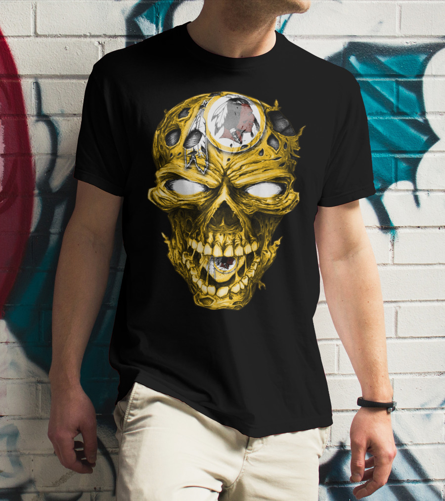 Skull V2 Washington Redskins Logo With Feather Headdress On Yellow Grinning Skull T-Shirt