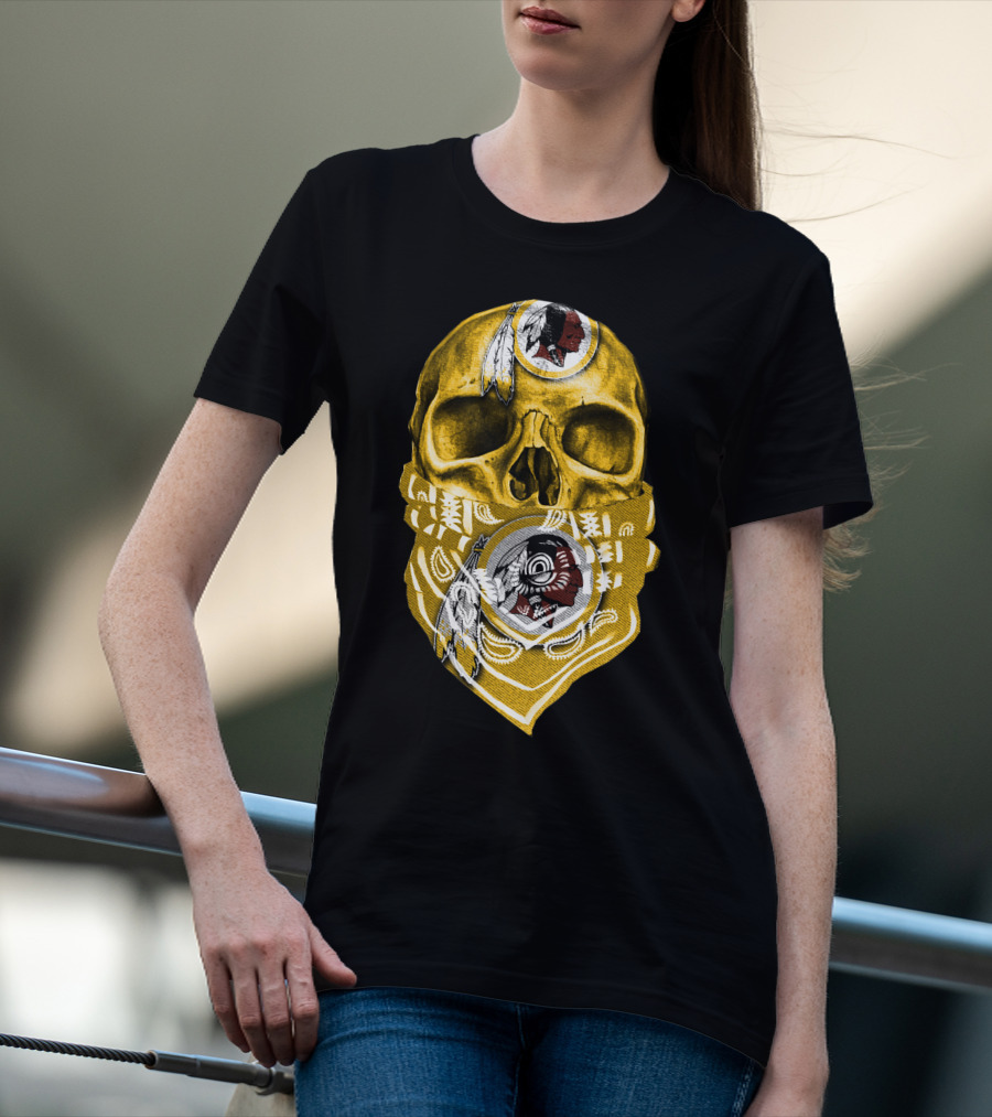Skull Washington Redskins Logo With Yellow Bandana And Native American Symbolics T-Shirt