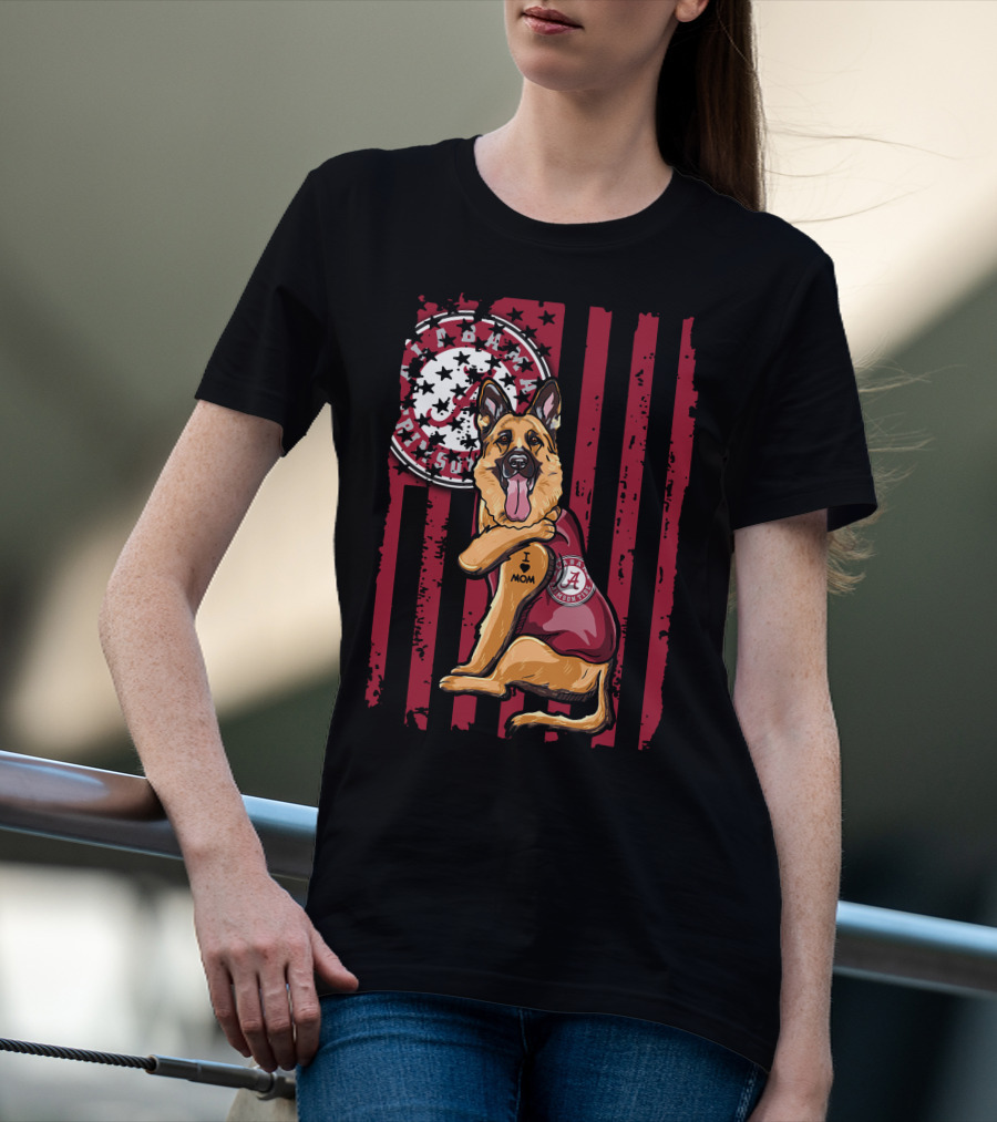 German Shepherd Alabama Crimson Tide Pride With I Love Mom Tattoo T-Shirt